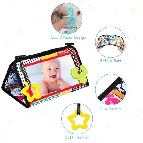 Aolso Tummy Time Mirror & Sensory Toys - High Contrast Newborn Baby Mirror with Crinkle Cloth Book & Teether, Montessori Toys 0-12 Months thumbnail 4