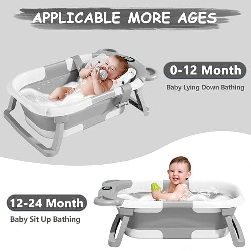 MoreFeel Collapsible Baby Bathtub for Newborn with Thermometer & 1 Hooded Towel & 1 Soft Floating Cushion,Portable Travel Bathtub with Drain Hole, Durable Foldable Baby Tubs for Infants to Toddler thumbnail 4
