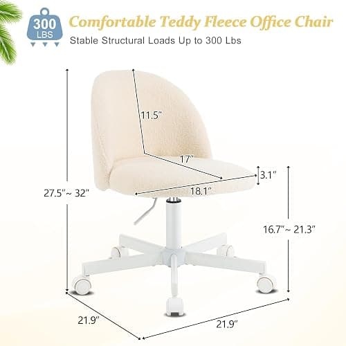VINGLI Candy Chair Armless Cute Desk Chair,Comfy Small Office Chair with Wheels,Vanity Chair Lumbar Support,Teddy Adjustable Rolling Swivel Computer Task Chair for Home Office,Bedroom,Creamy Beige thumbnail 2