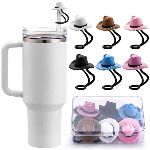 Straw Cover Cap for Stanley Cup 30 40 oz, Silicone Straw Toppers Cowboy Hat, Tumbler Cup Accessories for 10mm 0.4in Straw Cute Gifts Ornaments for Women - 6Pack with Case-Cowboy - Image 1