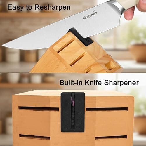 KUISINE Upgraded Knife Set High Carbon Stainless Steel Super Sharp Blade Ergonomic Rivet Handle,Knife Block Set with Built-in Sharpener(Ivory Acacia Pro,15PCS) thumbnail 4