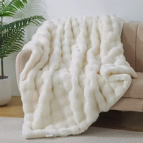 Wajade Luxury Fluffy Rabbit Fur Throw Blanket Super Soft Bubble Faux Fur Blanket Warm Fuzzy Large Blanket for Bed Couch Car Cozy,White 127x153CM thumbnail 6