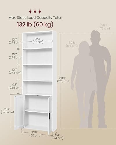 VASAGLE Custos Collection - Bookshelf, 6-Tier Tall Bookcase, Book Shelf with Doors, Open Storage Shelf, 9.4 x 23.6 x 68.9 Inches, for Living Room, Home Office, Dining Room, Cloud White ULBC402W01 thumbnail 2
