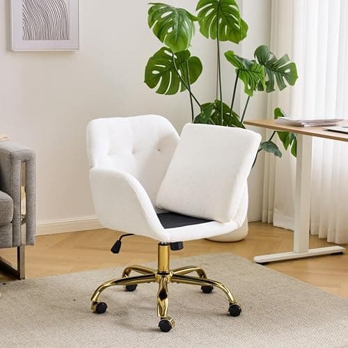 VINGLI Comfy Fuzzy Vanity Chair, Swivel Makeup Chair with Wheels, Upholstered Height Adjustable Armchair with Gold Base, Modern Ergonomic Desk Chair for Bedroom, Home Office, Pure White thumbnail 8