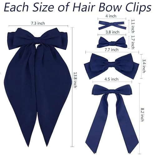 Ahoney 7 Pack Navy Blue Bows for Hair Bows Silky Satin Big Hair Bow Hair Clips Multi Style French Long Hair Ribbon Hair Accessories Barrettes for Women Girls thumbnail 3