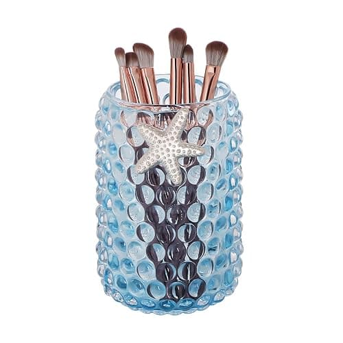 Tonxus Makeup Brushes Holder,Cute Glass Cosmetic Brush Organizer Cup with Starfish Decor,Bubble Crystal Pencil Holder,Vanity Makeup Storage Cups for Eyeliner Eyebrow Pens (Light Blue) - Image 1