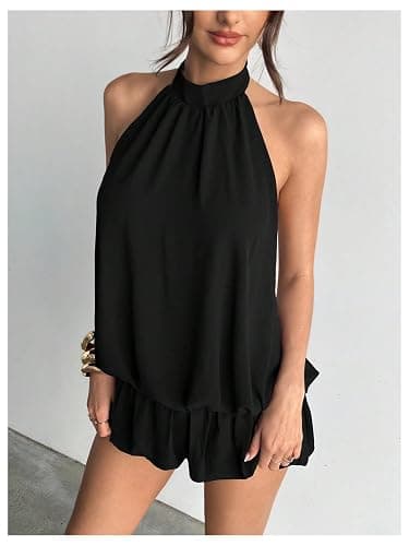 Floerns Women's Y2k Summer Halter Dress Tie Open Back Sleeveless Ruffle Hem Bubble Going Out Mini Dresses thumbnail 4