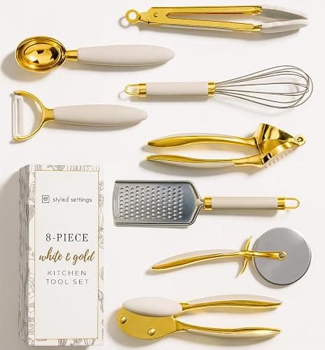 White & Gold Cooking Utensils Set - Luxe 8-Piece Kitchen Gadget Set Includes Can Opener, Tongs and Garlic Press - Stylish White and Gold Kitchen Accessories for Modern Kitchens, Ideal for Gifting - Image 1