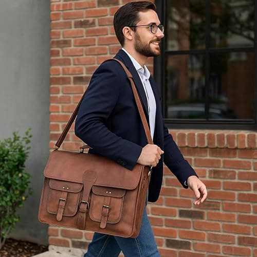 Leather Messenger Bag for Men and Women 18 inch Large Vintage Leather Briefcase Laptop Shoulder Bag Unisex Crossbody Messenger Satchel for Office, Business, Work, Travel thumbnail 2