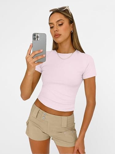 AUTOMET Women's Crew Neck Short Sleeve Basic Stretchy Tight Fitted T-Shirt thumbnail 3