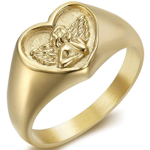 Jude Jewelers Stainless Steel Heart Shaped Signet Style Angel Pattern Statement Promise Wedding Ring - Image 1