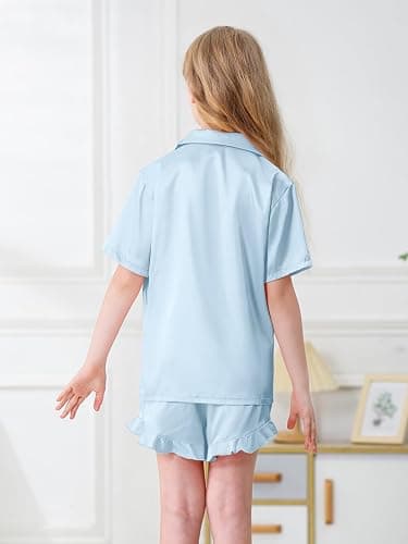 QZH.DUAO Girls Satin Pajamas Set Button Down Silk 2 Piece Pj Sets Ruffle Short Sleeve Sleepwear thumbnail 5