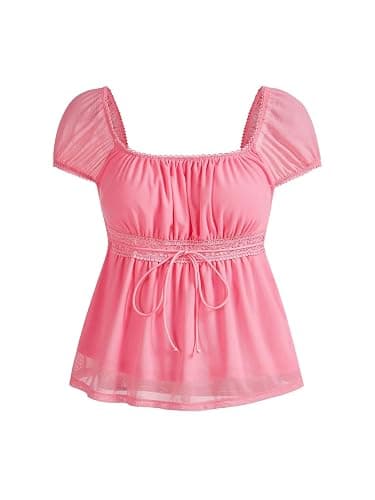 SOLY HUX Women's Short Sleeve Babydoll Tops Cute Summer Blouse | Peplum Top for Teen Girls, Square Neck, Lace Tops, Summer T Shirts - Image 1