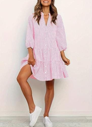 Women's Summer Casual Loose-Fit Button Down 3/4 Sleeve V Neck Cotton and Linen Plaid Loose Flowy Shirt Dress thumbnail 3