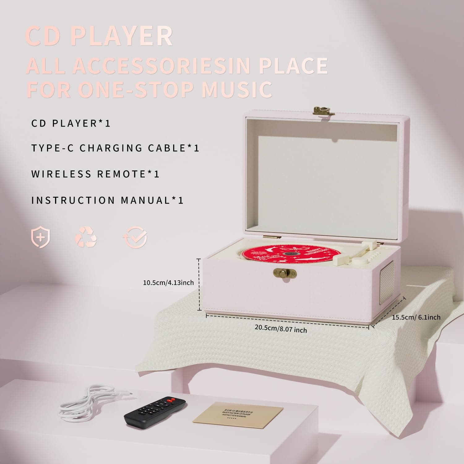 Yintiny Time Music Box CD Player With Speakers For Home (pink) thumbnail 4