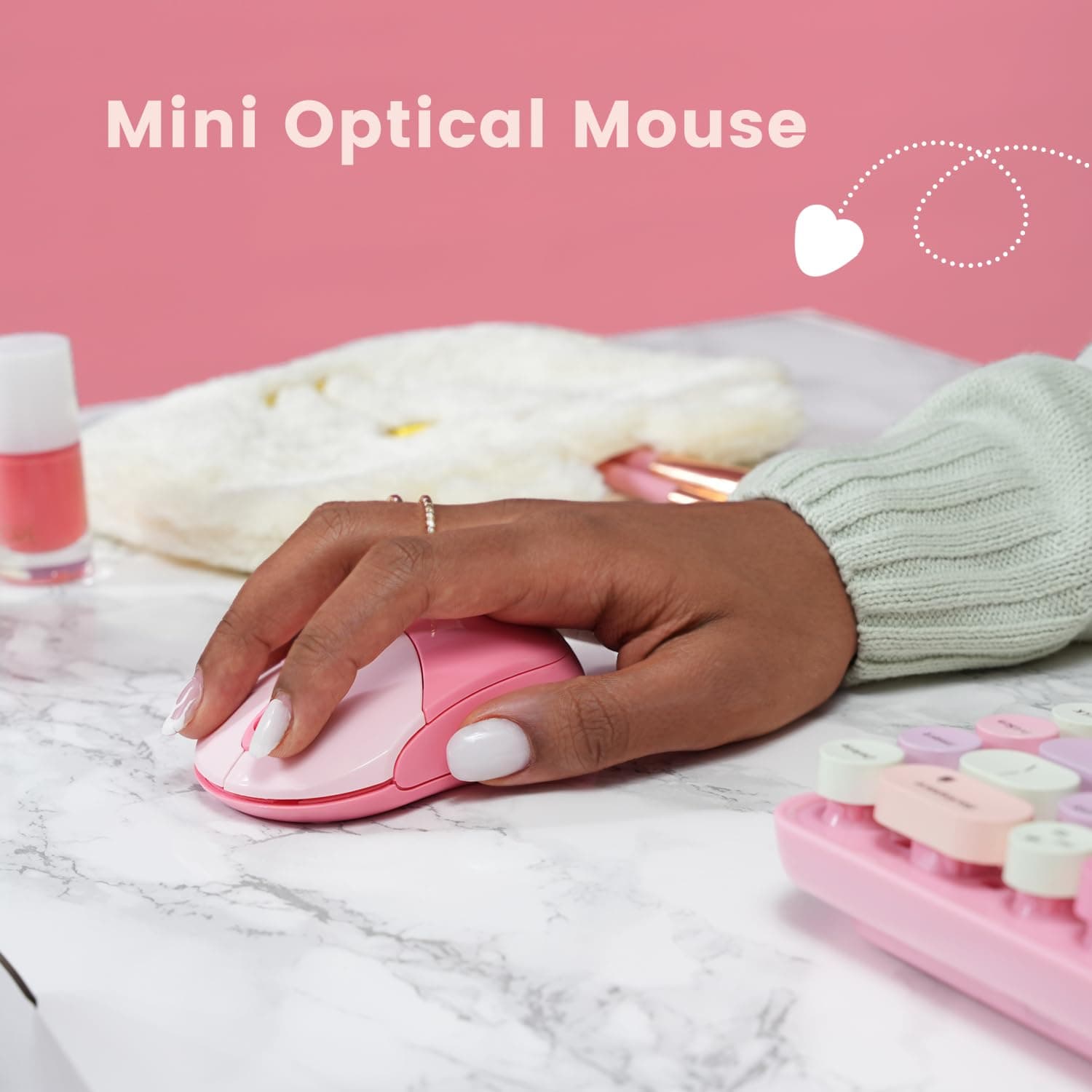 Perixx PERIDUO-802PK Bluetooth Mini Keyboard and Mouse Combo - Retro Round Key Caps - Pastel Pink - US English thumbnail 5