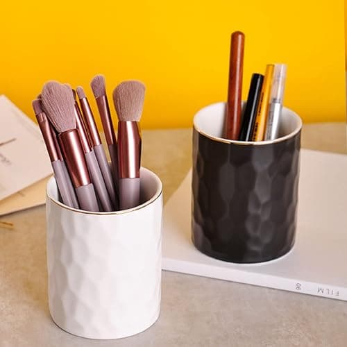 WHJY Ceramic White Pencil Cup, Makeup brushes Holder, Gold Pen Holder for Desk Cute Small Boho Brush Holder, Modern Geometry Design Pen Holder thumbnail 5