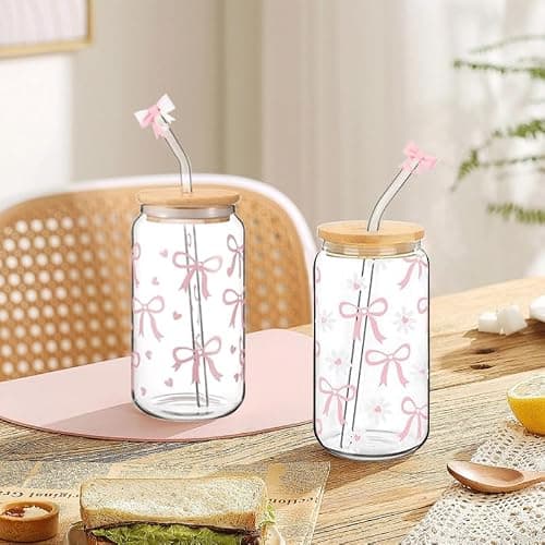Nymora 2 Bow Glass Cups with Lids and Straws - Glass Tumbler with Straw, Lid and Silicone Covers, Gift for Birthdays, Christmas, Back to School (Bow & Flowers) thumbnail 7