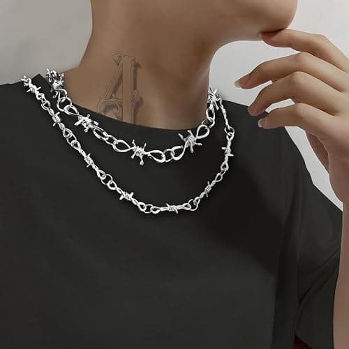 KESOCORAY Punk Gothic Thorns Metal Barbed Wire Chain Necklace Bracelet Silver Jewelry for Men Women thumbnail 6