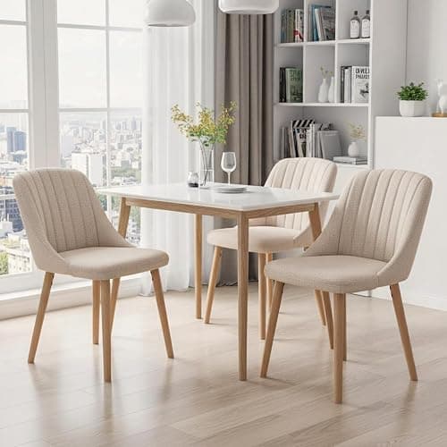 Goeurvant Dining Chairs Set of 4 Polyester Chairs for Living Room with Wood Legs Upholstered Kitchen Chair, Beige thumbnail 6