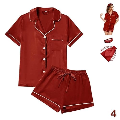 4Pcs Womens Satin Silky Pajama Sets Short Sleeve Shirt XS-4XL Floral Pajamas Set Soft PJ Loungewear Sleepwear - Small - Black-w thumbnail 6