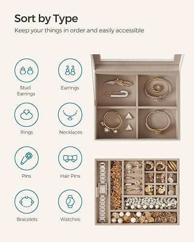 SONGMICS Jewelry Box with Glass Lid, 2-Layer Jewelry Organizer with Removable Tray, Jewelry Storage, Modern Style, Gift for Loved Ones, Cloud White and Metallic Gold UJBC238W01 thumbnail 5