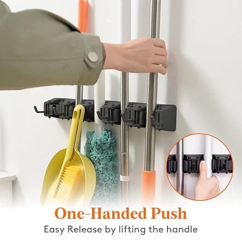 Lifewit Mop and Broom Holder Wall Mount, Anti-Slip Broom Hanger for Cleaning Supplies Organizer, Easy Install Tool Hanging Rack for Closet, Kitchen, Garage, 5 Slot 6 Hooks, Hold 30lbs, Black, 1 Pack thumbnail 4