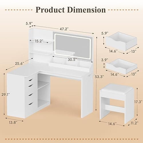 JUMMICO Makeup Vanity Desk with Mirror and Lights, L- Shaped Vanity, Modern Vanity Table with 5 Drawers & Adjustable Shelves, Power Outlet with Fast Charging, for Bedroom (White) thumbnail 3