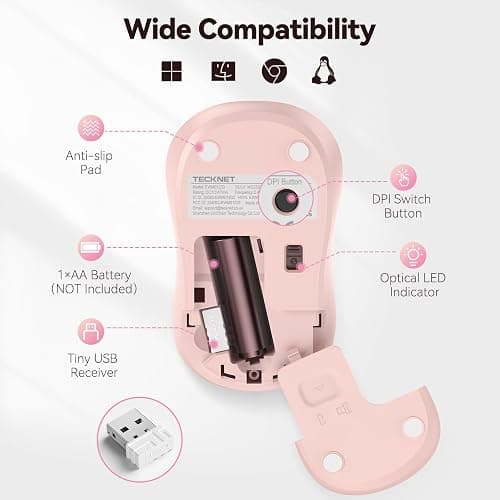 TECKNET Wireless Mouse for Laptop, 2.4G Silent Mouse Quiet Click, Small Portable Computer Mouse, 5 DPI Levels, Cordless Mice for PC, Chromebook, Mac - Pink thumbnail 7