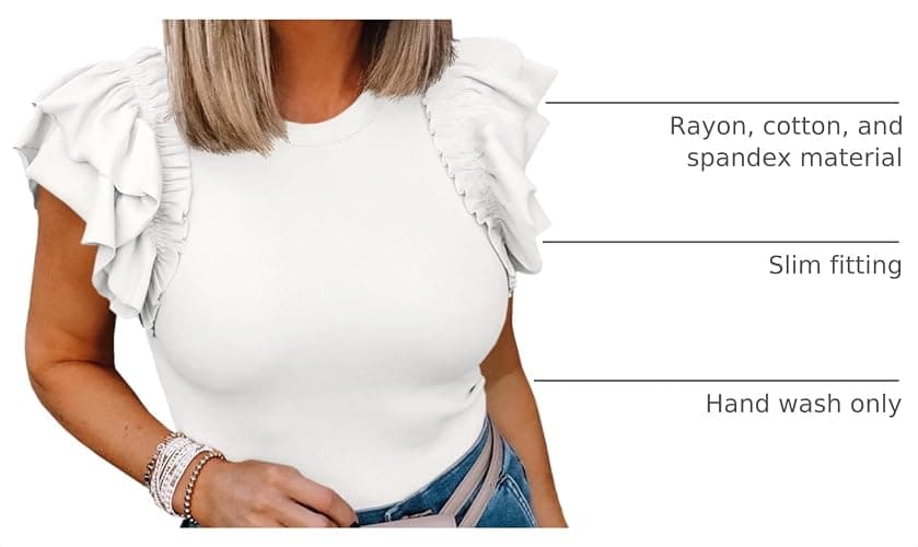 Womens Ruffle Short Sleeve Shirts Slim Fit High Neck Knit Ribbed Tops | Flutter sleeve Tops,Cute Puff Sleeve Tops,Summer Shirt thumbnail 4
