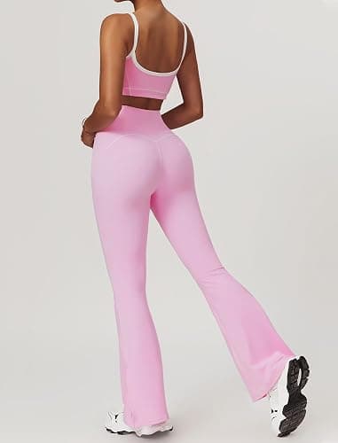 OMEWEE Yoga sets for women 2 piece Fashion contrasting lines Sports Bra and High Wasit Split hem Flared Leggings thumbnail 4