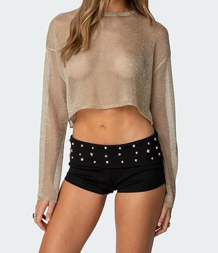 TUWIXIUW Women Studded Fold Over Micro Shorts Elastic Low Rise Rivet Embroidered Mini Shorts Y2K Punk Foldover Boxers thumbnail 2