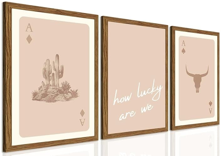 Western Wall Art Set of 3, Vintage Southwestern Cowboy Playing Card Wall Decor Painting, Longhorn Bull Skull and How Lucky Are We Canvas Prints for Bedroom Living Room 12x16 inch Wood Framed - Image 1
