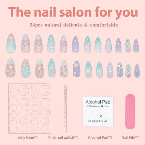 24Pcs 3D Flower Press on Nails Medium Almond Fake Nails Pearl Rhinestones Flower False Nails with 3D Seashell Designs Acrylic Nails Starfish Shell Glue on Nail Acrylic Nails for Women Manicure DIY thumbnail 3