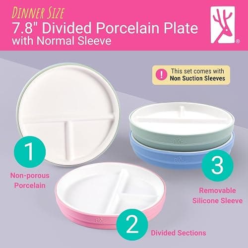 Elk and Friends Kids 7.8” Porcelain White Plates with Silicone Sleeves | Divided Plates | Suitable for Kids/Toddlers | Microwave & Dishwasher Safe | Non Slip | Snack Dishes… thumbnail 3