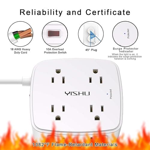 Surge Protector Power Strip - YISHU 8 Widely Outlets with 2 USB-C(PD 30W) and 2 USB-A Ports, 3 Side Outlet Extender with 6Ft Flat Plug Extension Cord, Wall Mount, Desk USB Charging Station, ETL,White thumbnail 6