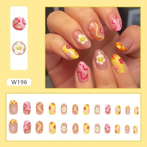 Oval Press on Nails Short Round Fake Nails Cute Acrylic Nails with Swirl Flower Designs Stick on False Nails Full Cover Yellow Nude Nails for Women Girls 24pcs thumbnail 2