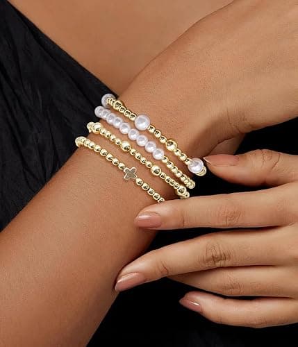 BOMAIL Gold Beaded Bracelets for Women Trendy Non Tarnish Gold Bracelet Stack 14K Gold Plated Pearl Bead Bracelets Cross Bracelets Set Stackable Stretch Beads Bracelet thumbnail 3