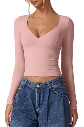 QINSEN Women's Long Sleeve V Neck T Shirts Double Lined Crop Top Seamed Cup Going Out Tops - Image 1