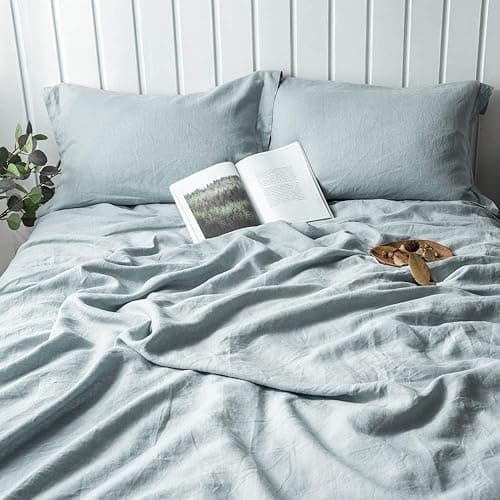 Simple&Opulence 100% Linen Duvet Cover Set 3pcs Basic Style Natural French Washed Flax Solid Color Soft Breathable Farmhouse Bedding with Button Closure - Dusty Blue, Queen - Queen - Dusty Blue thumbnail 7