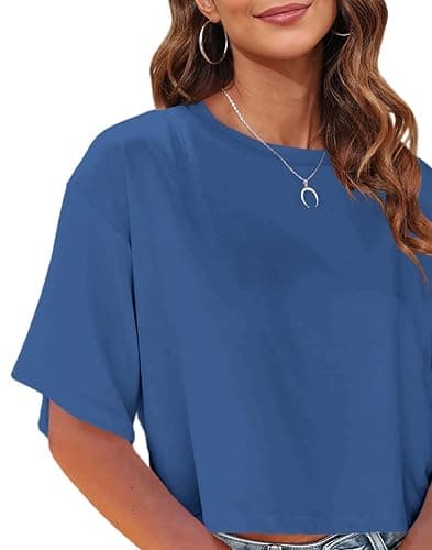 Tankaneo Womens Summer Crop Tops Half Sleeve Casual Cropped T-Shirts | Drop Shoulder, Round Neck, Cropped Tops, Solid Color, Basic Tees, Short Sleeve, Cute, Workout thumbnail 2