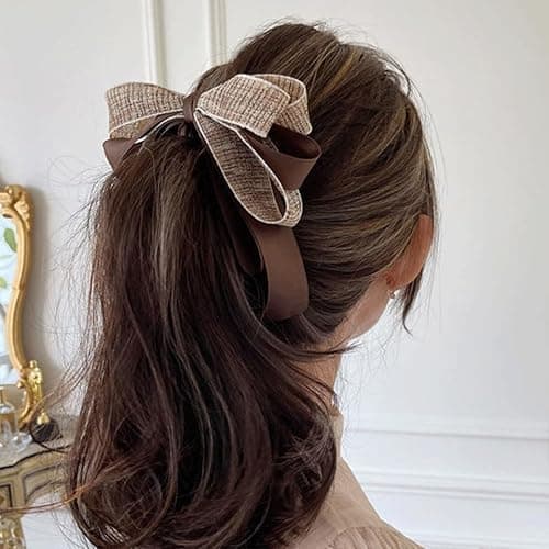 Ribbon Bow Banana Hair Clips for Women Girl，2PCS Vertical Ponytail Claw Clip Korean Style Bowknot Ponytail Claw Large Banana Clip for Thick Hair Accessories (Khaki) thumbnail 4