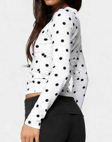 Women Polka Dot Long Sleeve Tops Crew Neck Slim Fit Shirt Tops Underscrub thumbnail 4