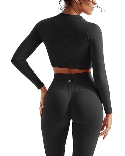 SUUKSESS Women 2 Piece Workout Sets Hidden Scrunch Hip Lifting Seamless Leggings Long Sleeve Yoga Crop Tops - Image 1