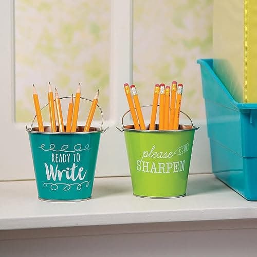 Fun Express Sharp & Dull Pencil Holder, 2 Pack Metal Pail Set | Classroom Organization and Storage, Pencil Dispenser, Elementary School Teacher Desk Accessories, Teacher Must Haves thumbnail 2