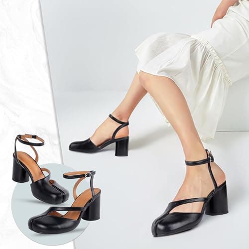 perixir Black Tabi Shoes Heeled Sandals with Block Heel Elegant Closed Split Toe Slingback Heels with Ankle Strap Retro Strappy 3.27-inch High Heel for Office Dance Evening - 8.5 - Black thumbnail 2