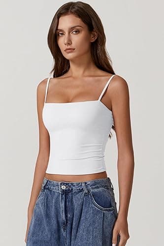 QINSEN Women's Double Lined Basic Tank Top Adjustable Spaghetti Straps Sleeveless Camisole Shirts thumbnail 4