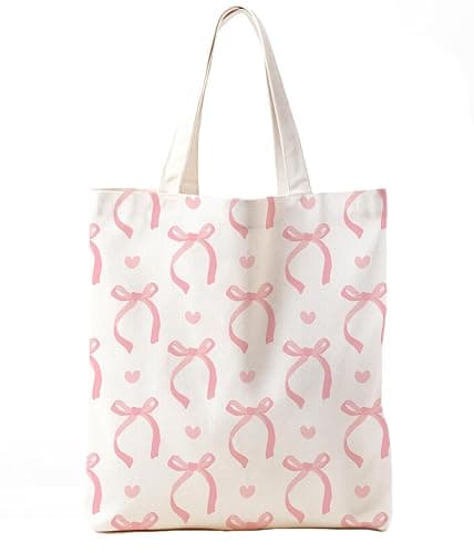 Zeghk Coquette Pink Bows Preppy Canvas Tote Bag Aesthetic for Women, Pink Tote Bag, Coquette Bag, Preppy Stuff, Trendy Gifts for Women, Shopping Bags - Image 1