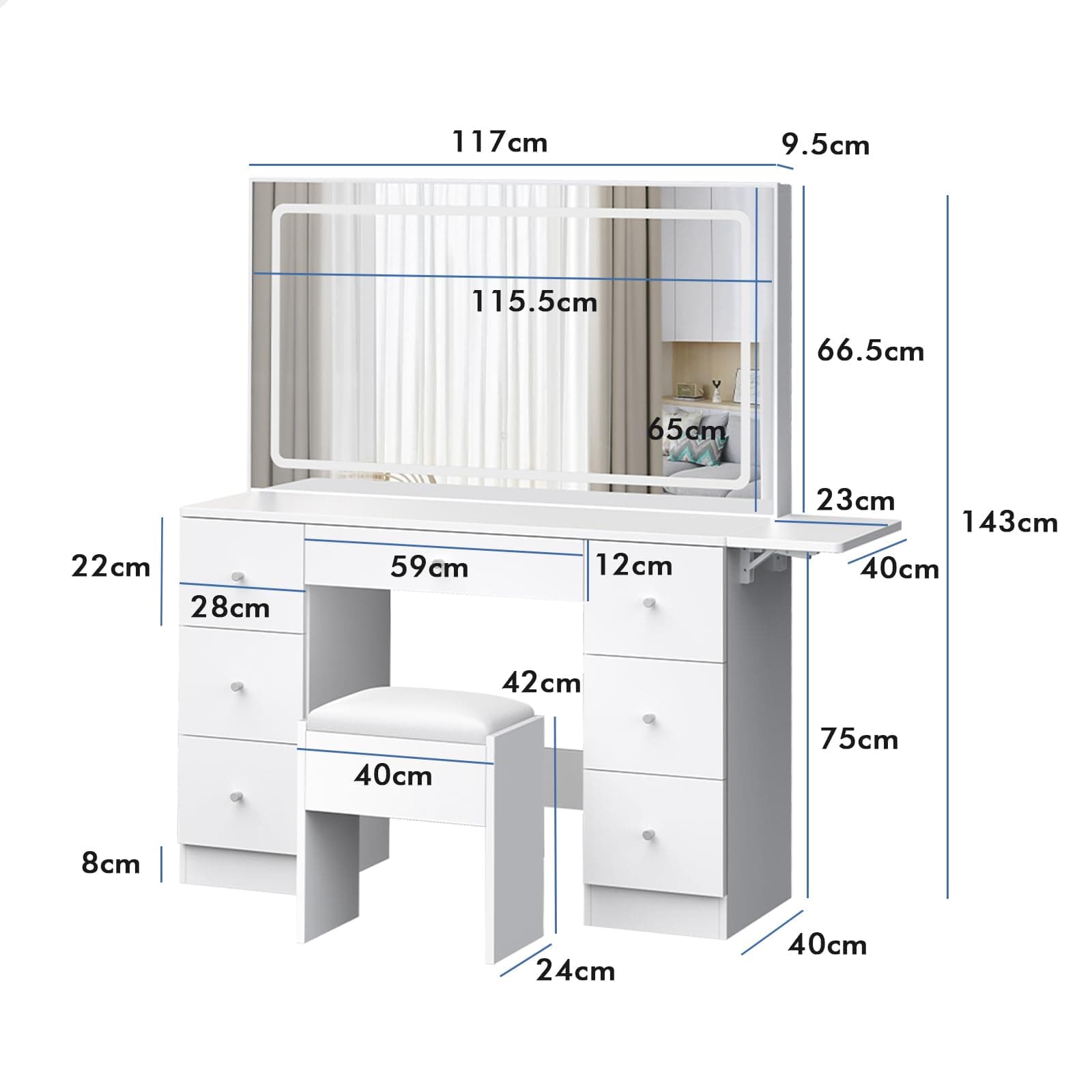 ALFORDSON Vanity Dressing Table Chair Set with LED Mirror, 140cm Dress Table and Matching Stool Sets, Makeup Desk with Extendable Countertop, White thumbnail 8
