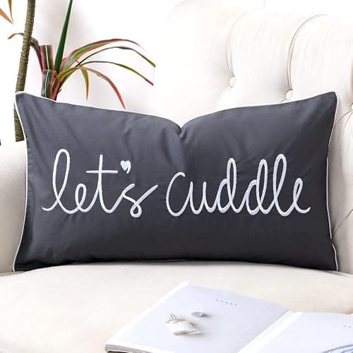 Sanmetex Decorative Lumbar Pillow Covers 12x20 Inches, Embroidery Soft Rectangluar Pillow Cover with Lets's Cuddle Saying for Bed, Bedroom, Dark Grey. - Image 1